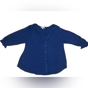 SKIES ARE BLUE Swiss Dot Blouse in Blue 3/4 Sleeve Size Small Notched Neck
